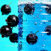 Fresh blackcurrants immersed in sparkling water bubbles