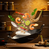 Fresh ingredients cooking in sizzling wok pan