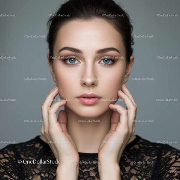 Close-up Portrait of Young Woman with Blue Eyes and Natural Makeup
