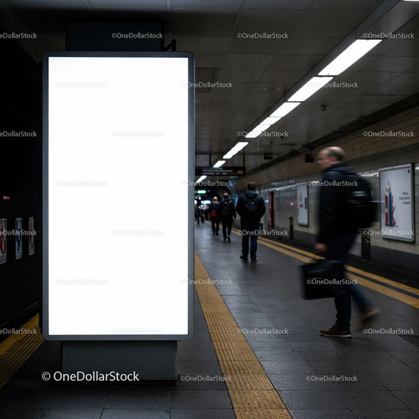 Blank illuminated display board in urban subway corridor JPG Mockup Image