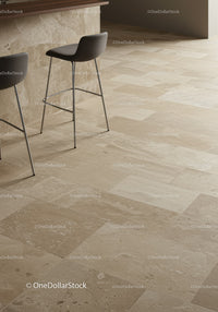 Beige Stone Tiled Kitchen with Modern Bar Stools and Sleek Interior