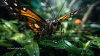 Close-up of a vibrant butterfly resting on green leaves