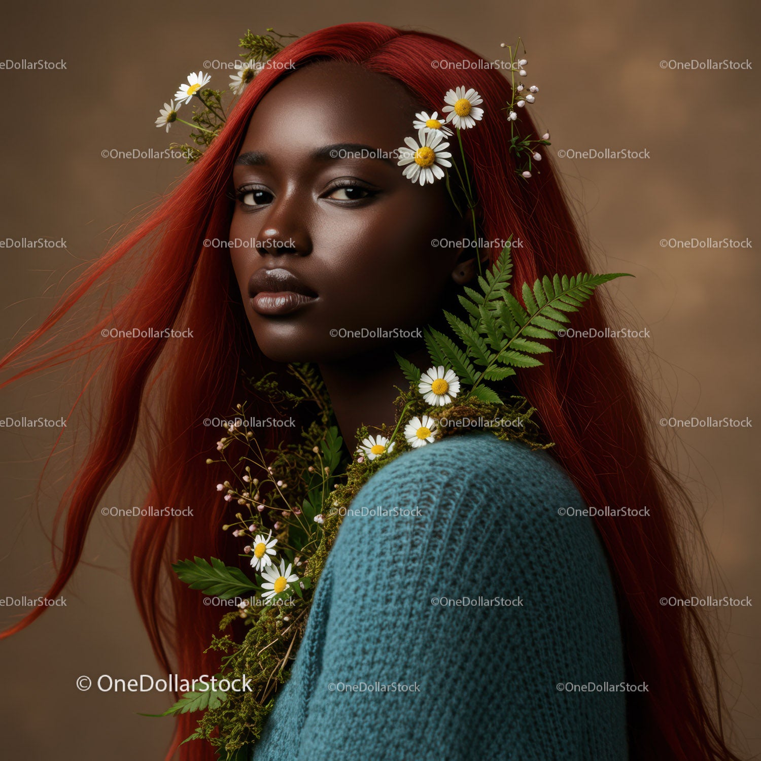 Elegant Portrait of a Woman with Flowing Red Hair and Botanical Accessories