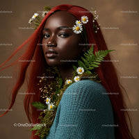 Elegant Portrait of a Woman with Flowing Red Hair and Botanical Accessories