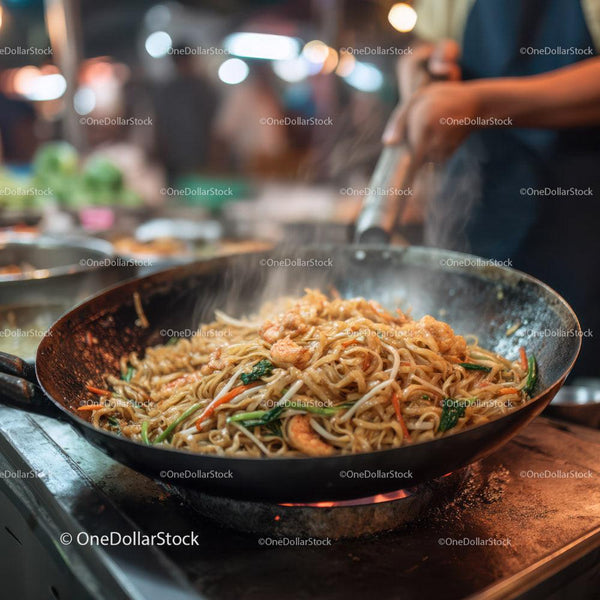 Stir-Fried Noodles with Vegetables and Chicken in Wok