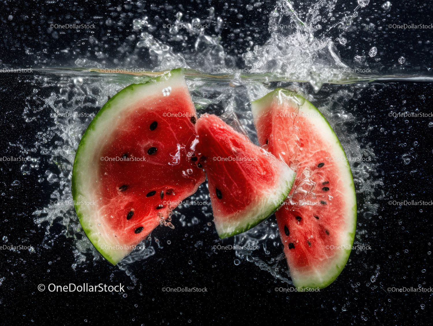 Juicy Watermelon Slices Splashing into Water on Black Background