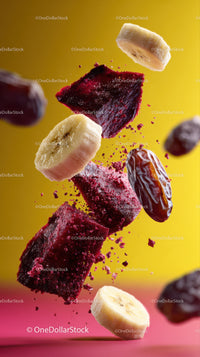 Dynamic Scene of Flying Banana and Berry Pieces in Vibrant Colors