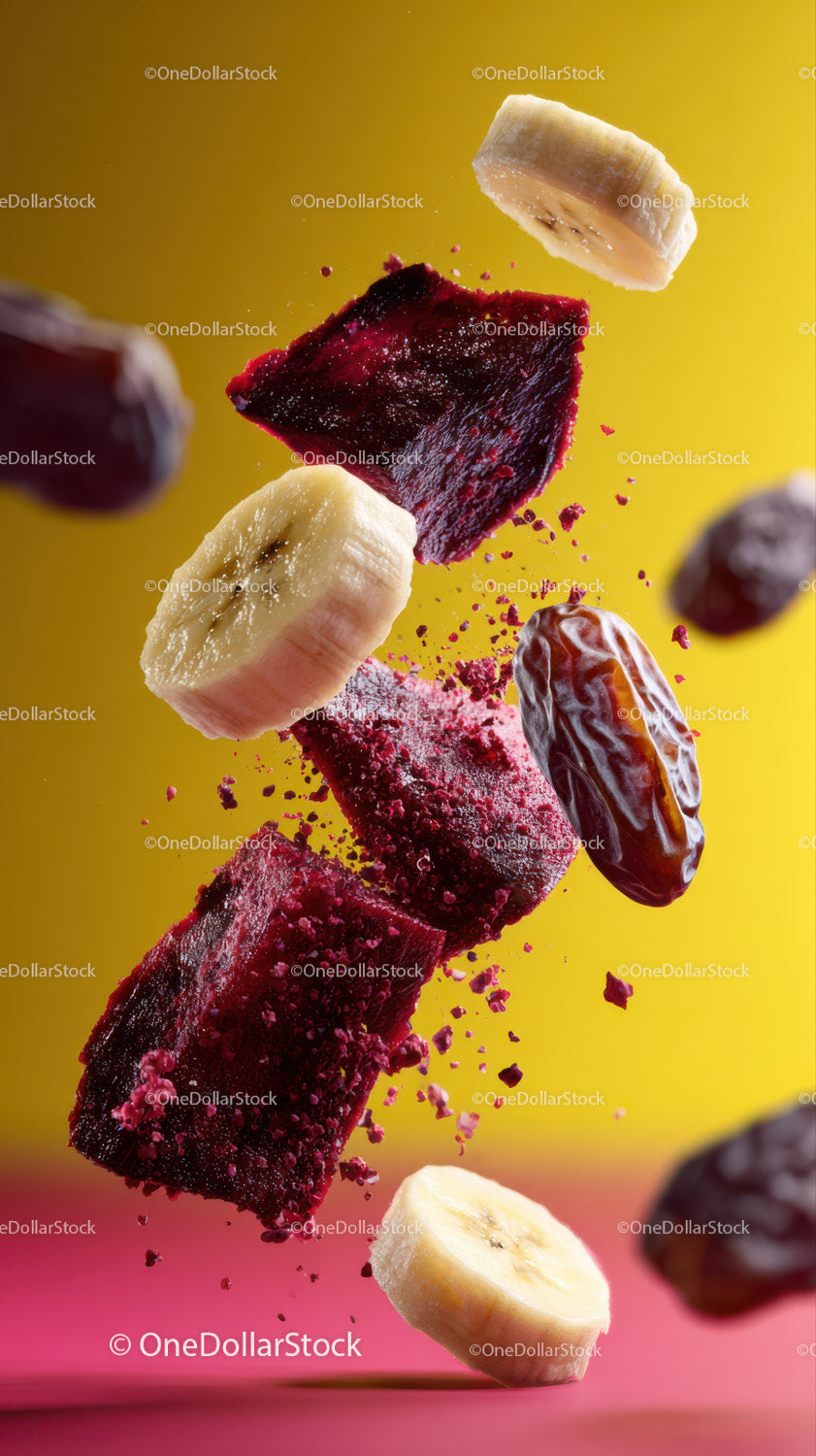 Dynamic Scene of Flying Banana and Berry Pieces in Vibrant Colors