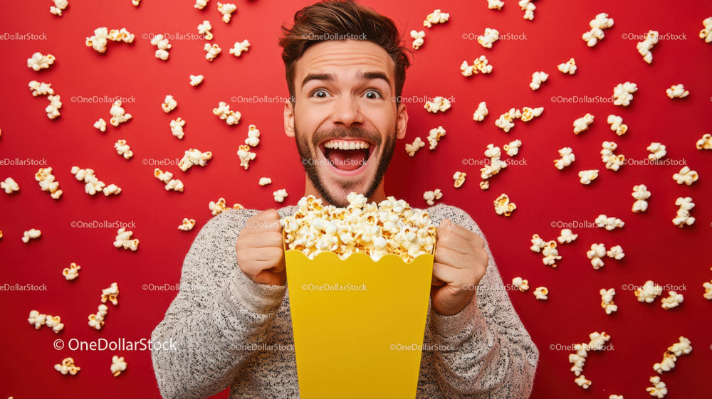 Cheerful Man Enjoying Popcorn on Red Background