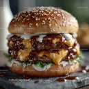 Delicious Double Cheeseburger with Bacon and Fresh Vegetables