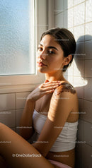 Woman applying natural body scrub in sunlit bathroom