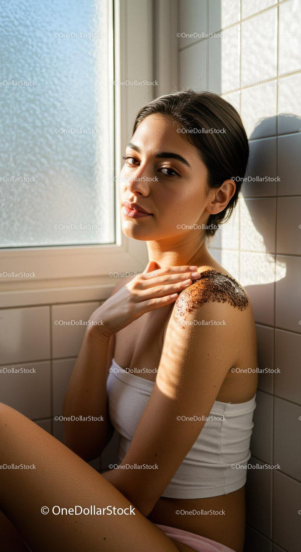 Woman applying natural body scrub in sunlit bathroom