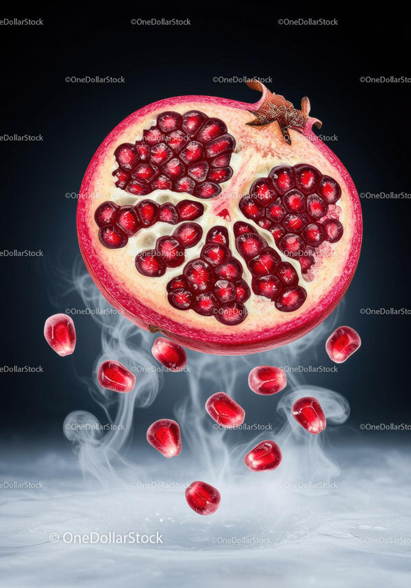 Floating Pomegranate Seeds with Mist in Dark Setting
