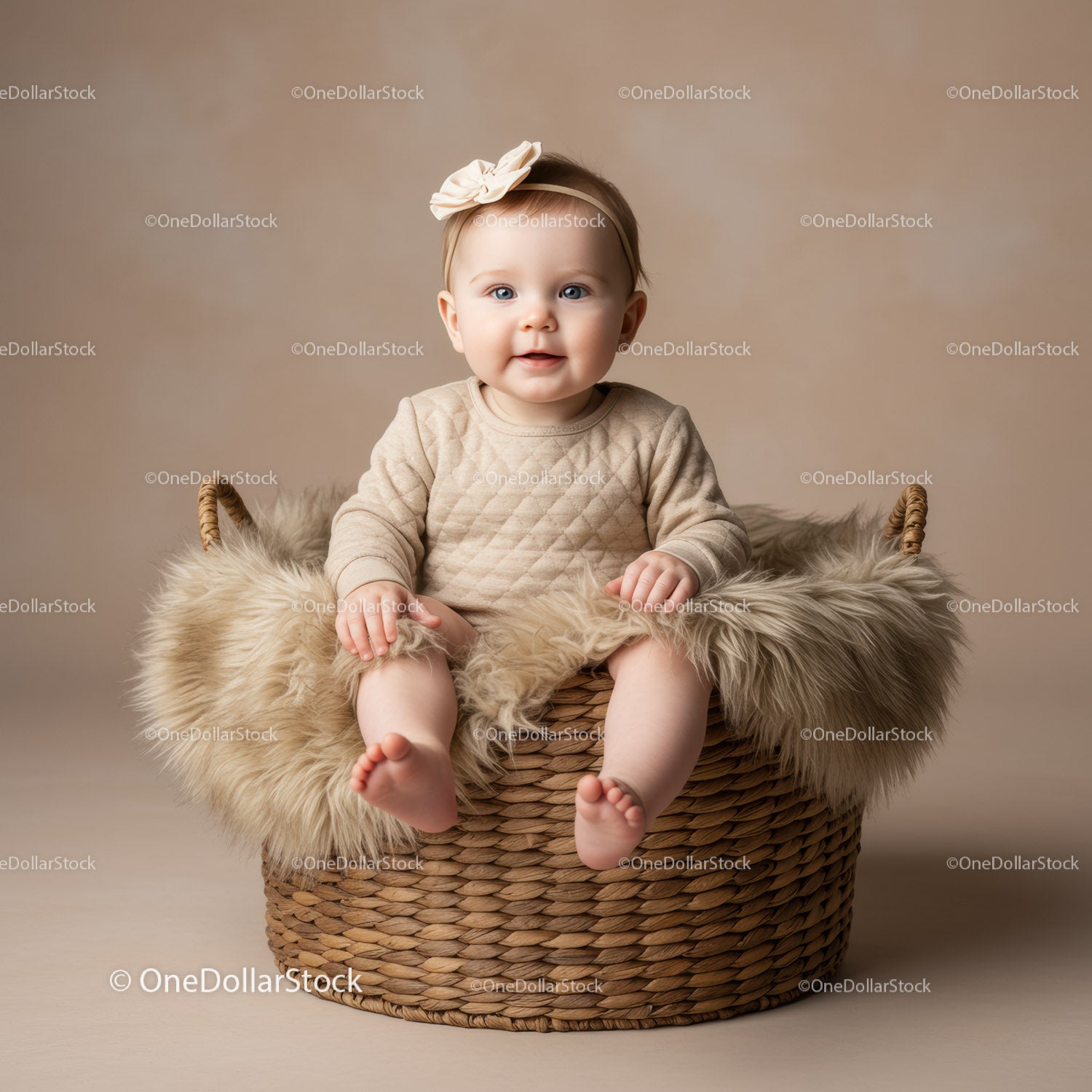 Adorable baby sitting in cozy basket with fluffy blanket