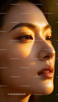 Close-up of serene woman’s face with warm sunlight