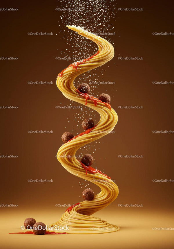Spiral of fresh spaghetti with meatballs and sauce