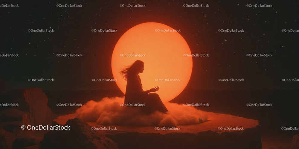 Silhouette of a Woman Sitting on Rocks During Vibrant Sunset Scene