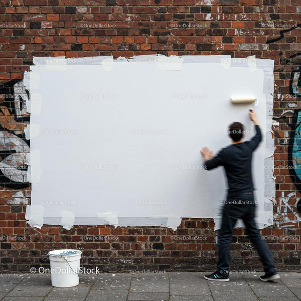 Person Rolling White Paint on Brick Wall Mural Space JPG Mockup Image