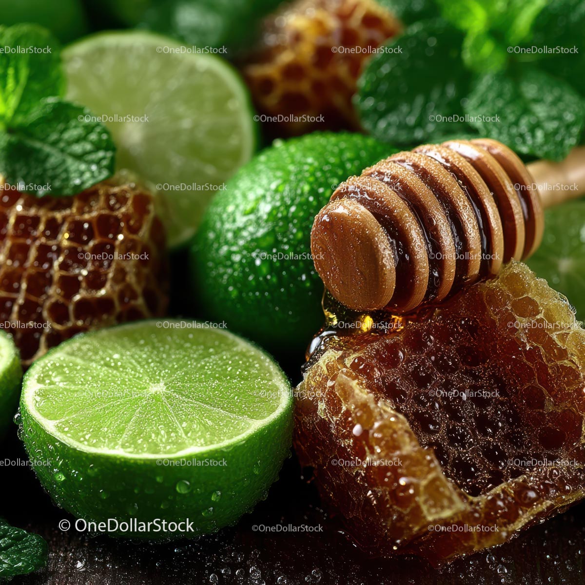 Fresh Limes, Mint Leaves and Honeycomb for Delicious Recipes