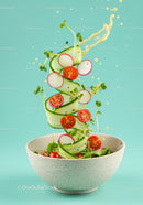 Fresh vegetable salad ingredients floating over bowl