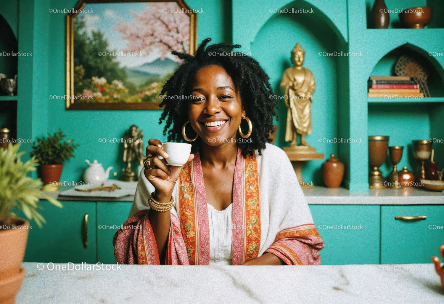 Joyful Woman Drinking Coffee in Bright Turquoise Interior