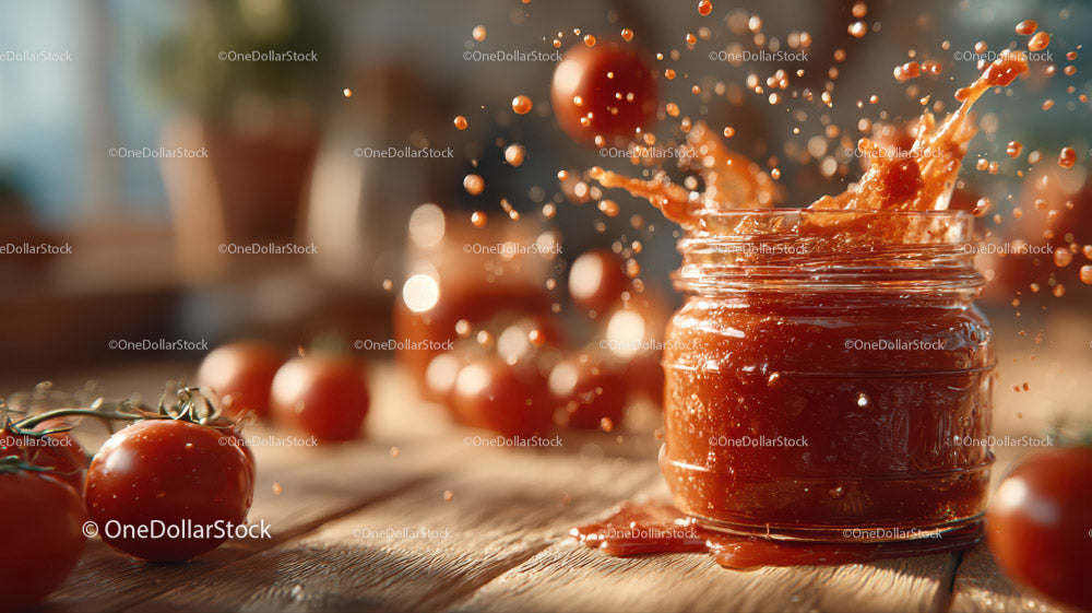 Vibrant Tomato Sauce Splash with Fresh Tomatoes in Background