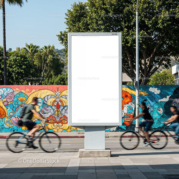 Urban cyclists passing blank billboard with colorful mural JPG Mockup Image