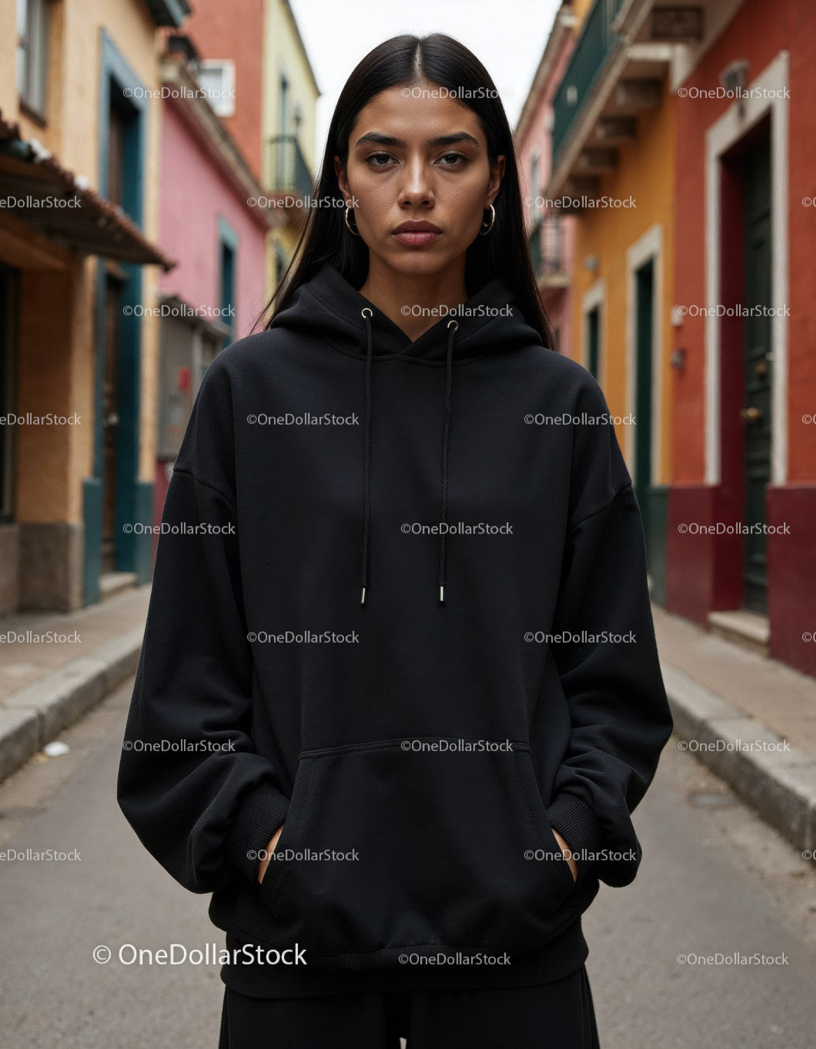 Fashionable Woman Wearing Black Hoodie in Urban City Street