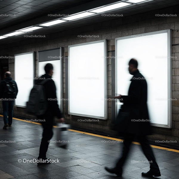 Blurred commuters walking past bright blank billboards JPG Mockup Image