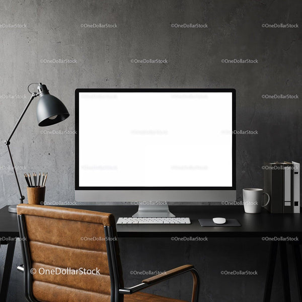 Modern workspace with leather chair and desktop computer JPG Mockup Image
