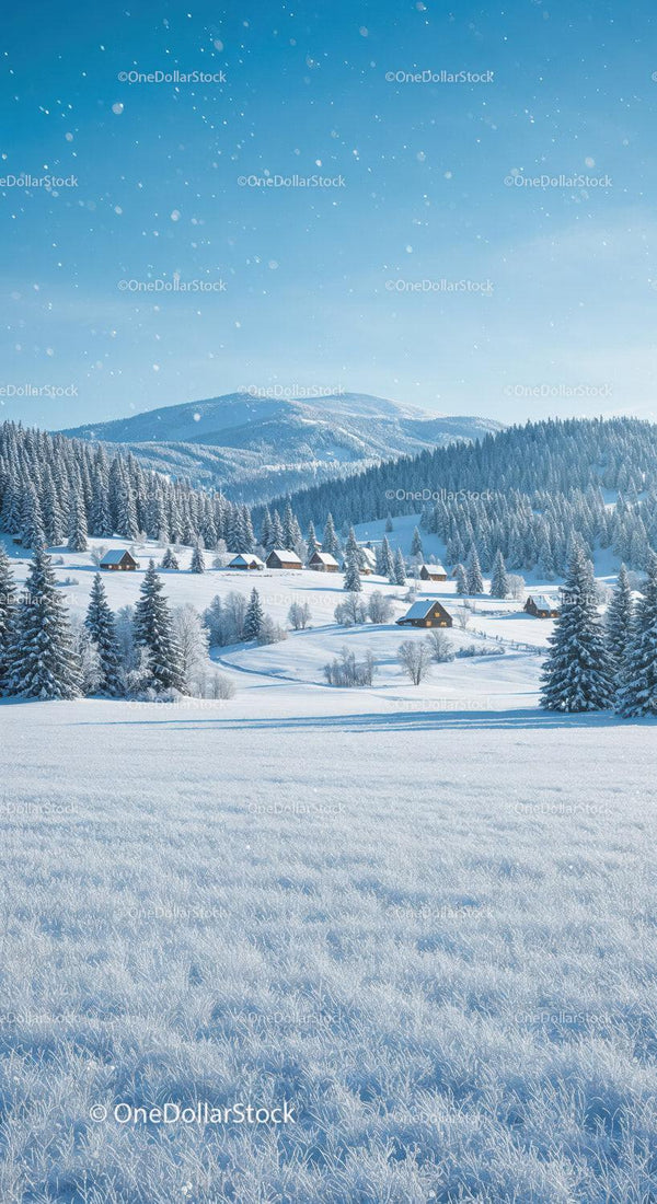 Snowy Mountain Village Under Clear Blue Winter Sky