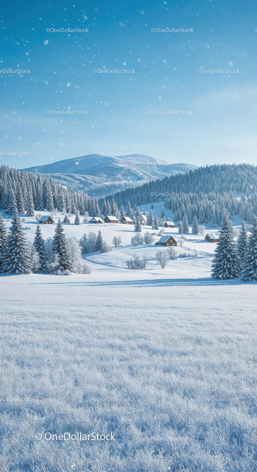 Snowy Mountain Village Under Clear Blue Winter Sky
