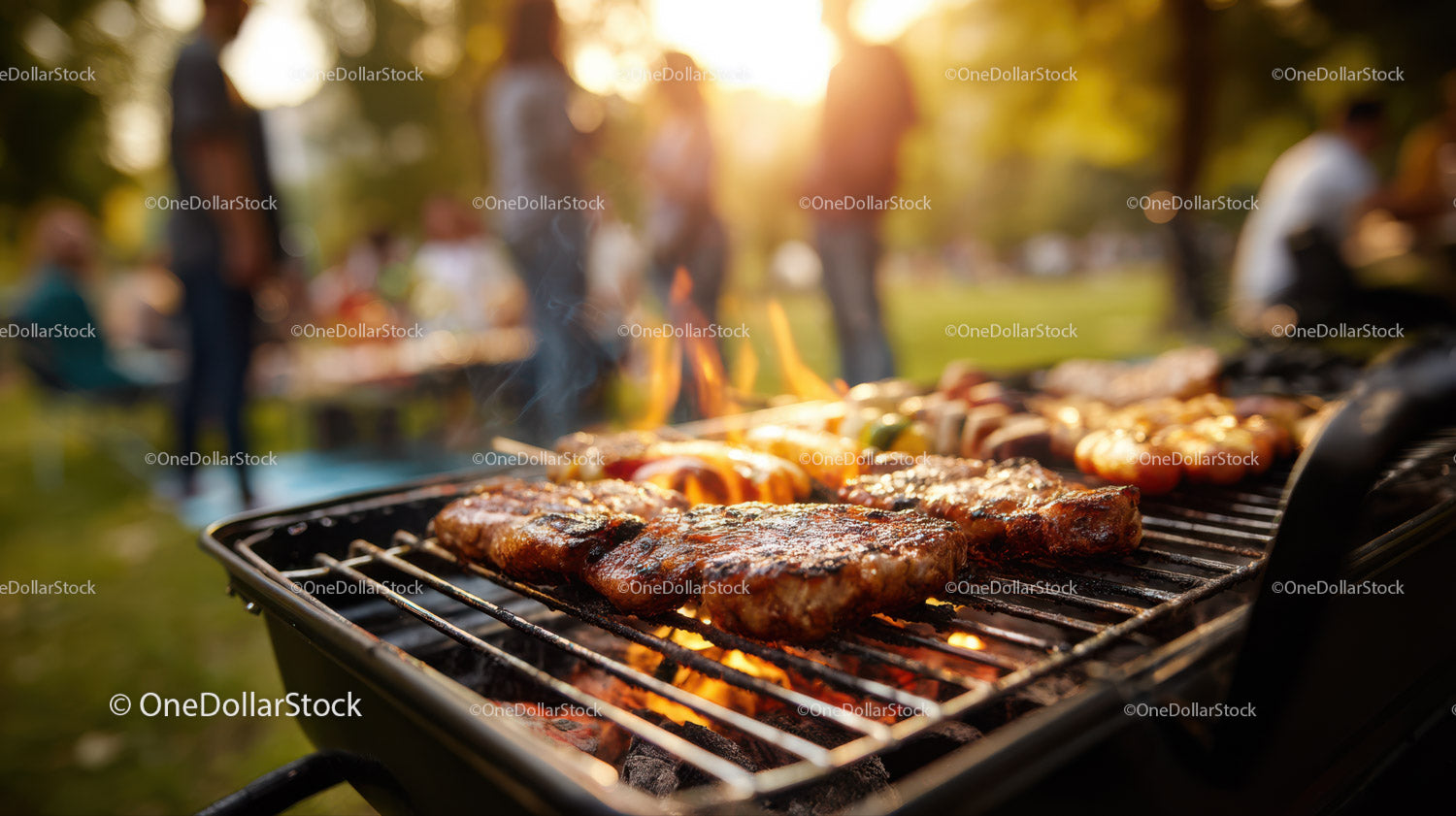 Barbecue Grill with Juicy Ribs and Charred Meat at Sunset