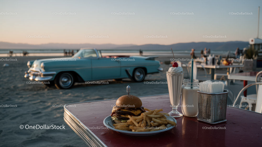 Vintage Car Near Beachside Dining Scene at Sunset