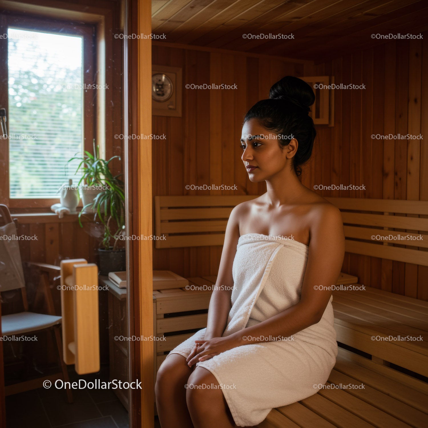 Młoda kobieta relaksuje się w drewnianej saunie z ręcznikiem podczas sesji spa