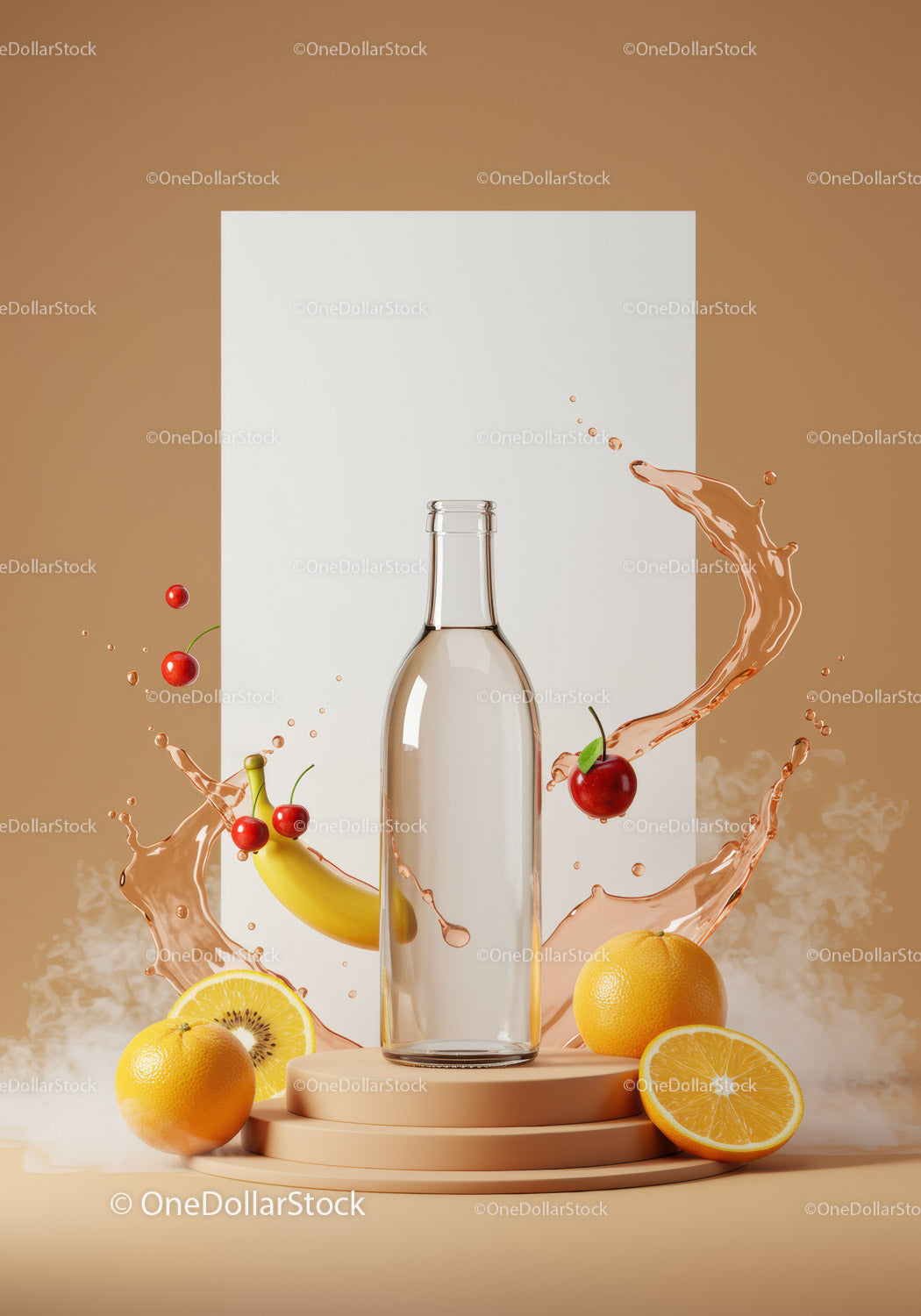 Clear glass bottle with fresh tropical fruit splash