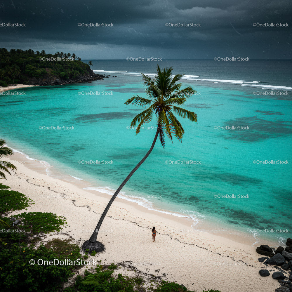 Serene Tropical Beach with Palm Tree and Turquoise Waters