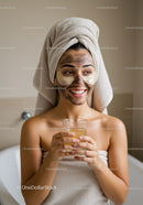 Smiling woman with mud mask and eye patches enjoying skincare routine