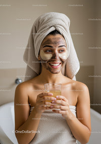 Smiling woman with mud mask and eye patches enjoying skincare routine