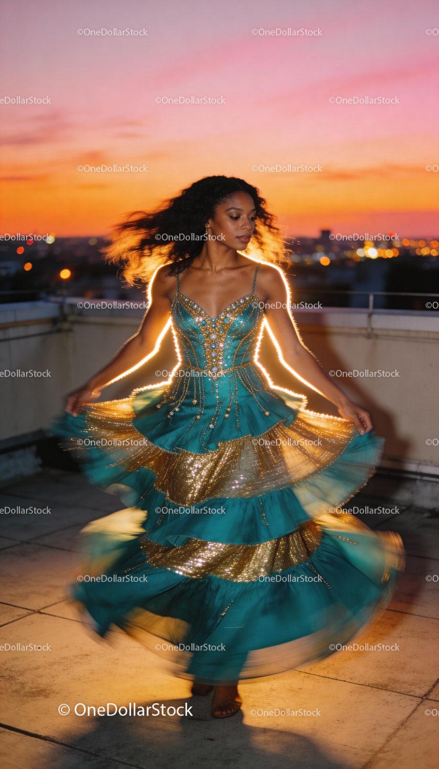 Elegant woman twirling in embellished evening gown