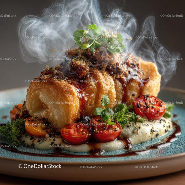 Wykwintne wędzone danie gourmet z pieczonymi pomidorami i ziołami