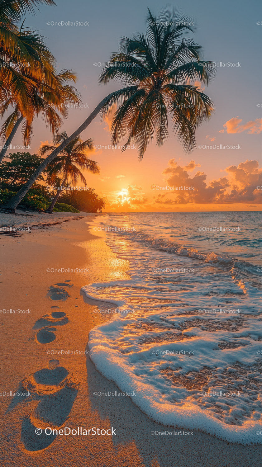 Sunset Over Tropical Beach with Palm Trees and Clear Ocean Water