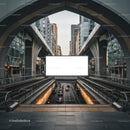 Urban traffic under modern city bridge with blank billboard
