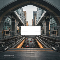 Urban traffic under modern city bridge with blank billboard