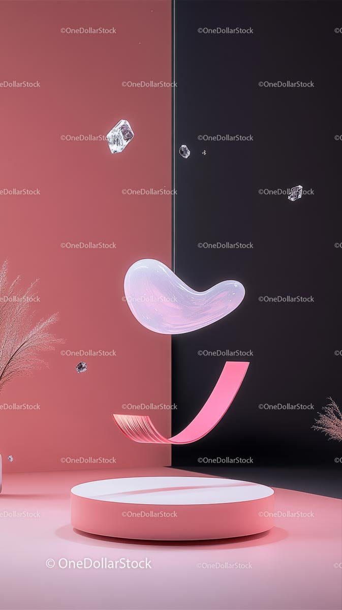 Nowoczesna surrealistyczna pływająca rzeźba z różowymi i świetlnymi elementami