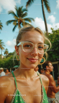 Young Woman Smiling in Green Dress and Sunglasses in Tropical Setting