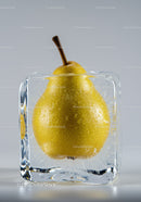 Yellow pear frozen inside a clear ice cube