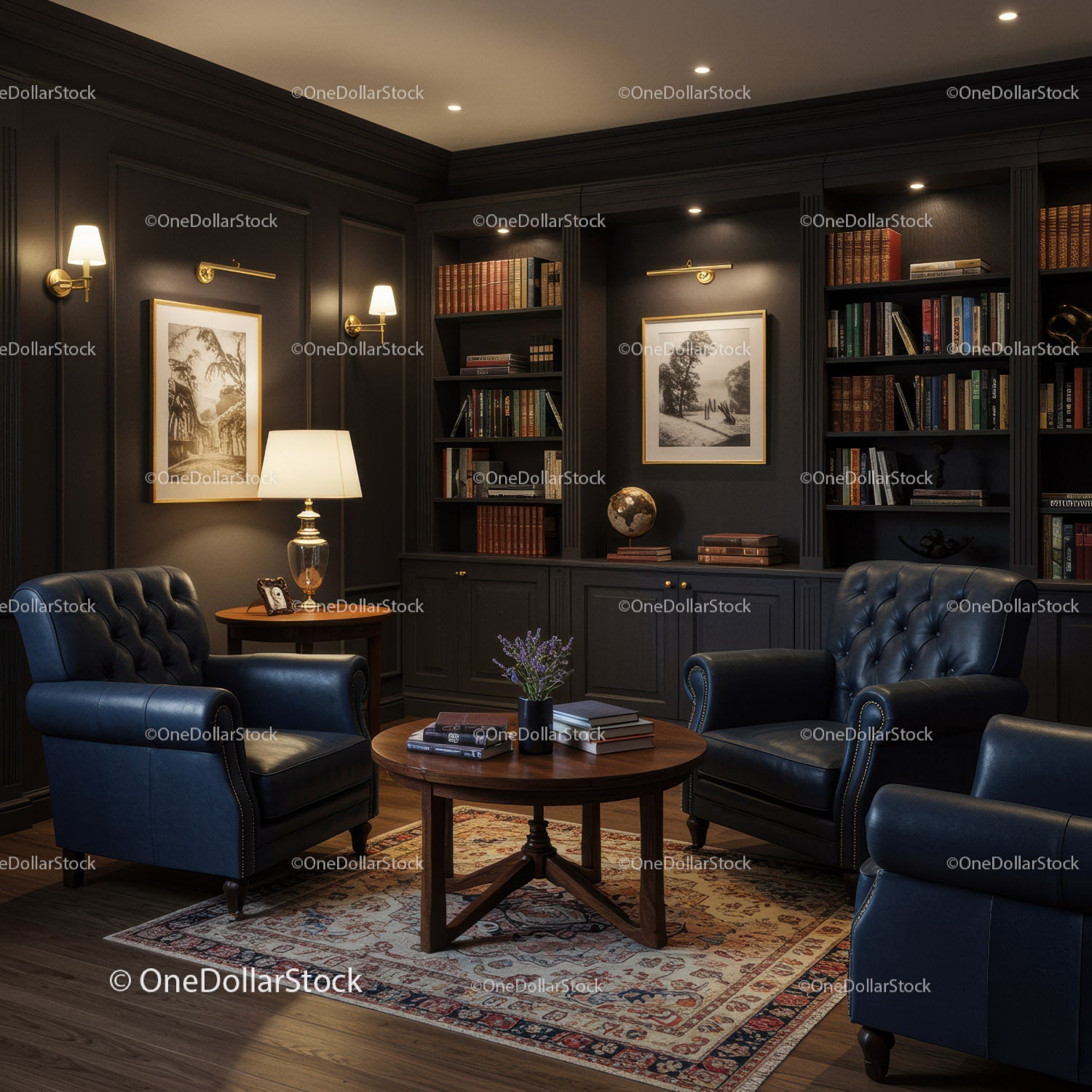Cozy library corner with dark leather armchairs and bookshelves