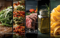 Gourmet Food Spread Featuring Fresh Vegetables Steak and Pasta