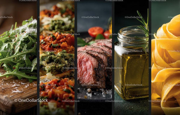 Gourmet Food Spread Featuring Fresh Vegetables Steak and Pasta